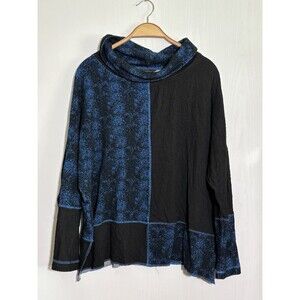 Ali Miles Cowl Neck Tunic Top Womens 1X Blue Black Color Block Textured Knit